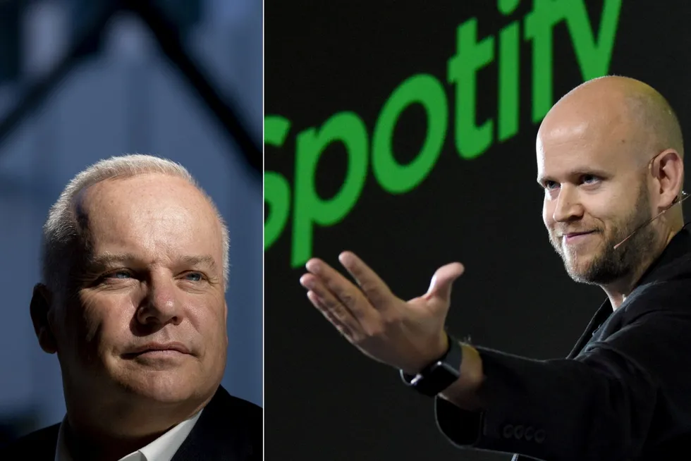 Spotify-gründer Daniel Ek har til gode å levere et positivt årsresultat, men børsverdien av strømmeselskapet har passert Equinor, og Equinorsjef Anders Opedal (til venstre) er nå er på syvende plass i Norden.