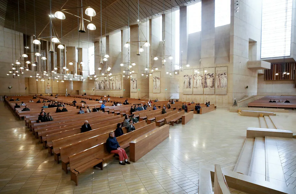 Social distancing: worshippers spread out at Mass in Los Angeles amid coronavirus concerns