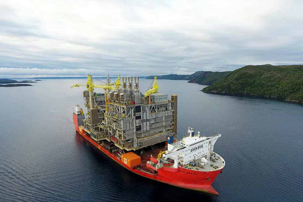 Investment: ExxonMobil's Hebron utilities process module arriving at Bull Arm fabrication yard in Newfoundland & Labrador, Canada, last September