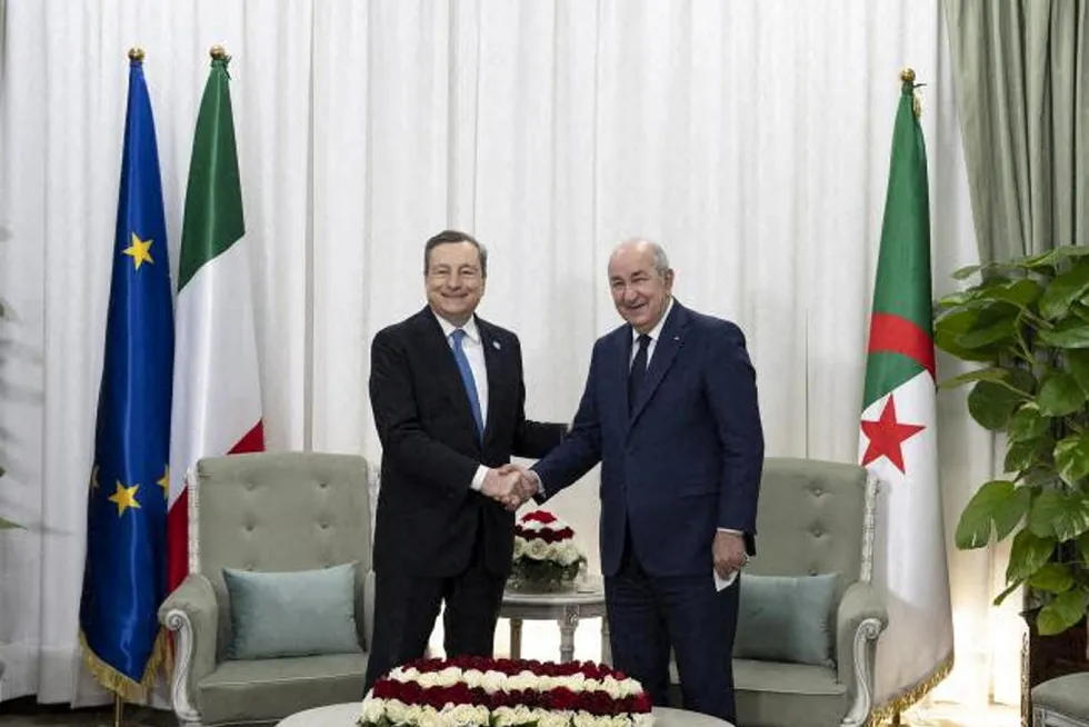 Agreement: Italian Prime Minister Mario Draghi (left) shakes hands with Algerian President Abdelmadjid Tebboune at a meeting in Algiers on 11 April, where an important gas deal was signed