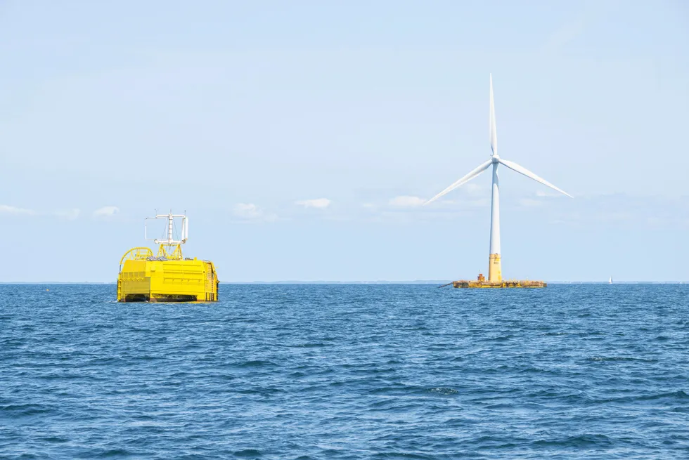 Sealhyfe offshore hydrogen production pilot, left, which is powered by a 2MW Vestas floating wind turbine, right.