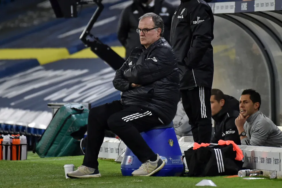 Bucket: Leeds United's Argentinian head coach Marcelo Bielsa watches from his trademark bucket on the touchline during the English Premier League football match against Newcastle United