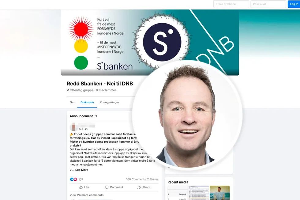 Sbanken får støtte til å forbli en selvstendig bank av en aksjonsgruppe på Facebook, der Christian Jahr (innfelt) er initiativtager.