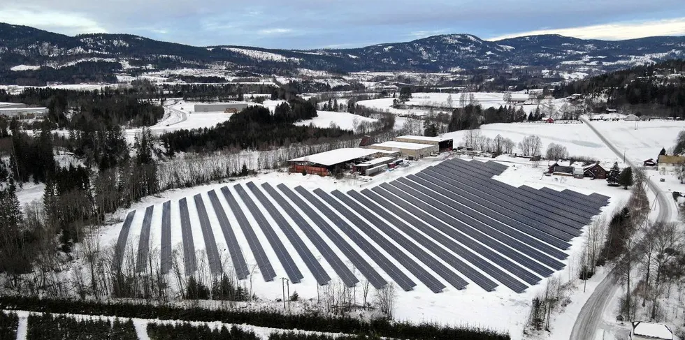 Visualisering av Engene solkraftverk i Larvik. Det er dette solkraftprosjektet som sist fikk tildelt konsesjon av NVE.