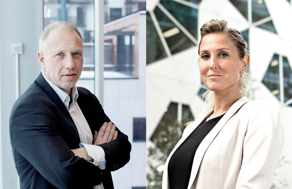 Strategene Kristian Tunaal i DNB Markets (t.v.) og Erica Blomgren i SEB. Foto: Øyvind Elvsborg/Charlotte Wiig