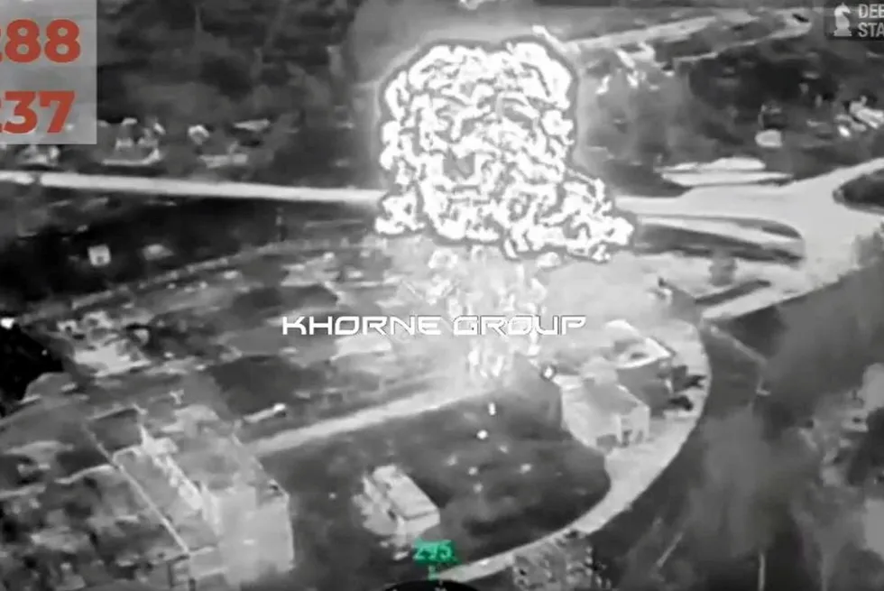 Screenshot of footage purporting to be an explosion of a Ukrainian army-made hydrogen and plastic bomb in Vovchansk, northeastern Ukraine.