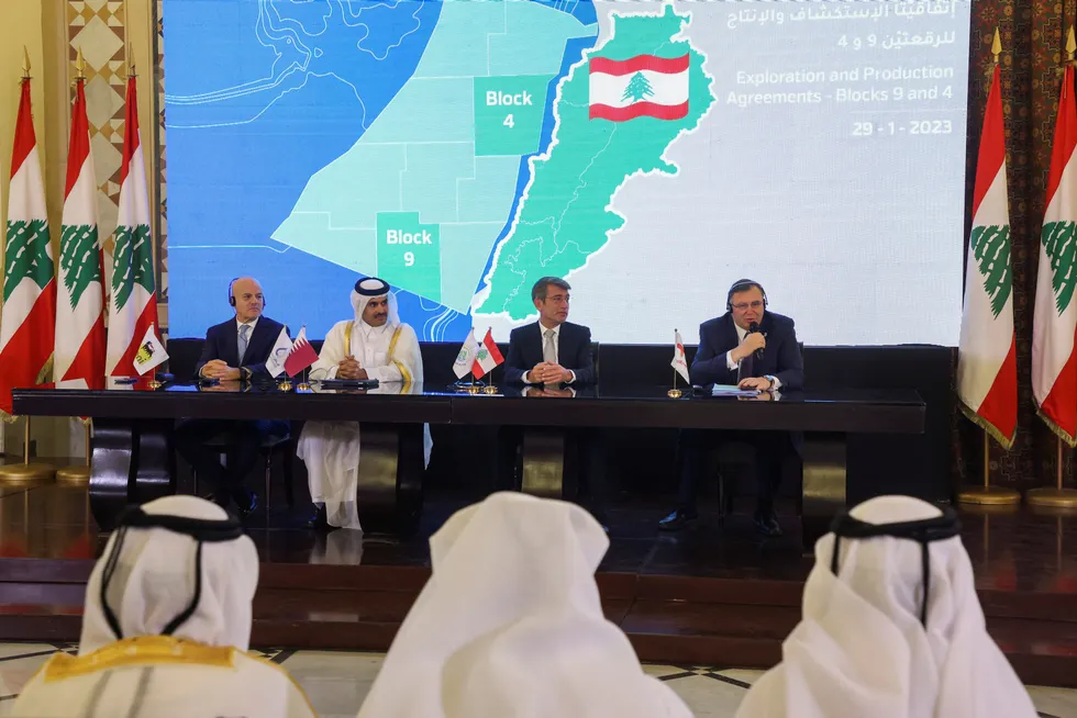 Drill ready: TotalEnergies chief executive Patrick Pouyanne (right), Lebanon’s caretaker Energy Minister Walid Fayad (second right), QatarEnergy chief executive Saad al-Kaabi (second left), and Eni chief executive Claudio Descalzi attend a Block 9 signing in Beirut, Lebanon early this year.
