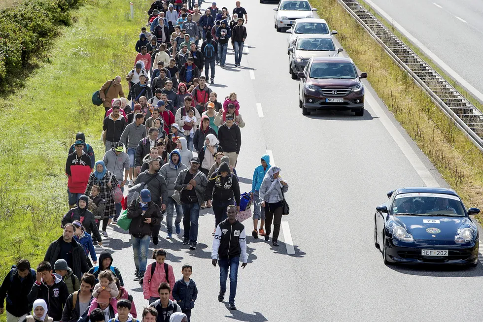 En stor gruppe syriske flyktninger til fots på landeveien gjennom Danmark i 2015. Målet var å søke asyl i Sverige.