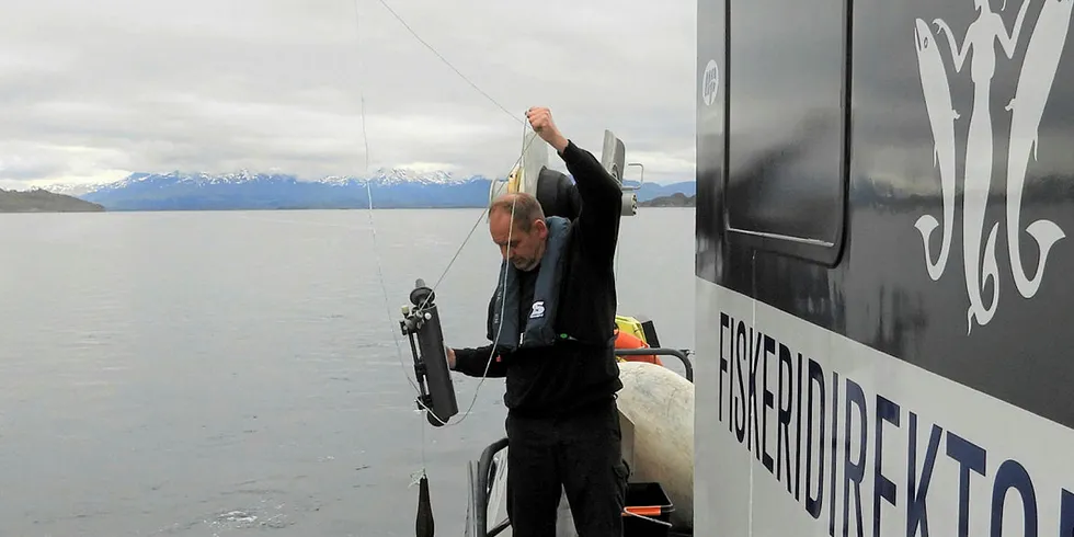 TAR PRØVER: Her henter Narve Leonhardsen fra Fiskeridirektoratet opp vannprøver til analyse om bord på Fiskeridirektoratets «Rind».