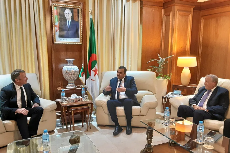 Investment talks: Mohamed Arkab, Algeria's Minister of Energy (centre) and Rachid Hachichi, head of state oil company Sonatrach (right) meet ExxonMobil executive John Ardell in Algiers.