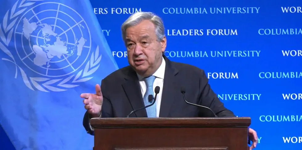UN secretary-general António Guterres speaking at Columbia University in the US