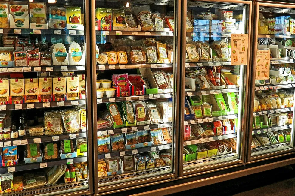 Food products in freezer in supermarket.