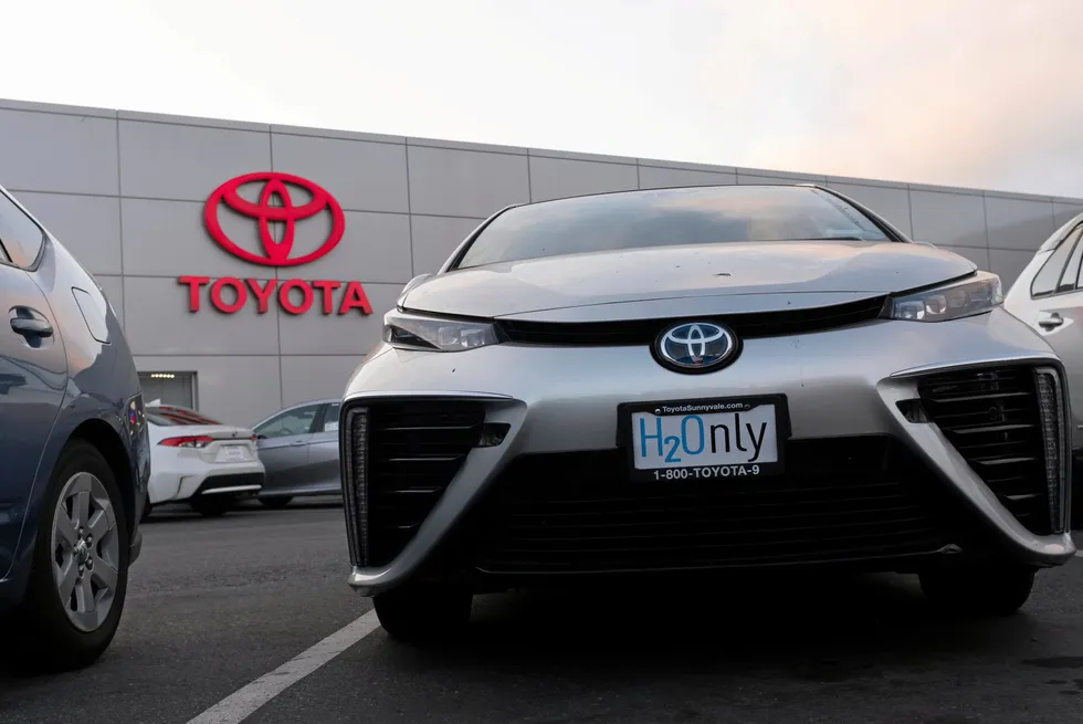 A Toyota Mirai hydrogen fuel cell car seen at a car dealership in California, United States.