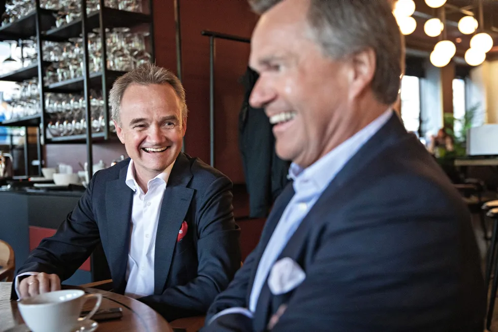 Finn Haugan (fra høyre) var konsernsjef i Sparebank 1 SMN gjennom 28 år, og prøvde å kjøpe opp Fokus Bank, senere en del av Danske Bank. I 2019 ga Haugan roret videre til Jan-Frode Janson, med lang erfaring fra nettopp Fokus Bank.