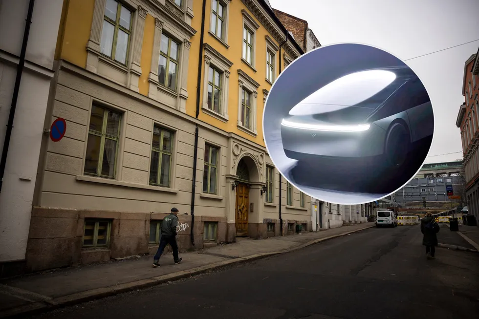 En boble? Like ved regjeringskvartalet i Oslo ligger bygården som huser Fresco, et elbil-selskap med en egenkapitalprising på nivå med Aker BP, Gjensidige og Yara. Innfelt: skisse av en av selskapets biler.