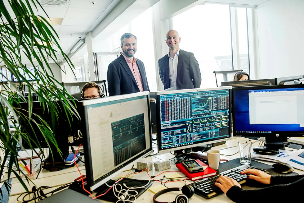 Kristian Nesbak (t.v.) og Morten Lindeman er gründere av Infront som nå skal børsnoteres. Foto: GORM K GAARE
