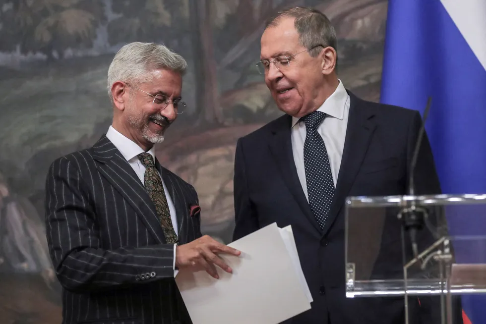 Partners: Indian foreign minister Subrahmanyam Jaishankar (L) and Russian counterpart Sergei Lavrov after talks in Moscow, Russia, on 8 November 2022.