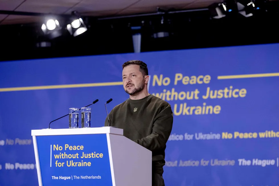 Ukraine President Volodymyr Zelensky at the World Forum in The Hague in May.
