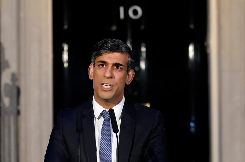 UK Prime Minister Rishi Sunak addresses the media at Downing Street in London, in March.