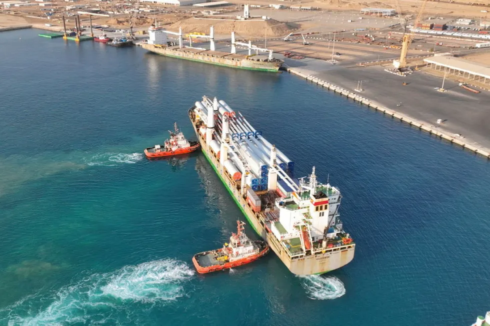 Envision wind turbines delivered to the port of Neom, formerly known as Duba, in Saudi Arabia.