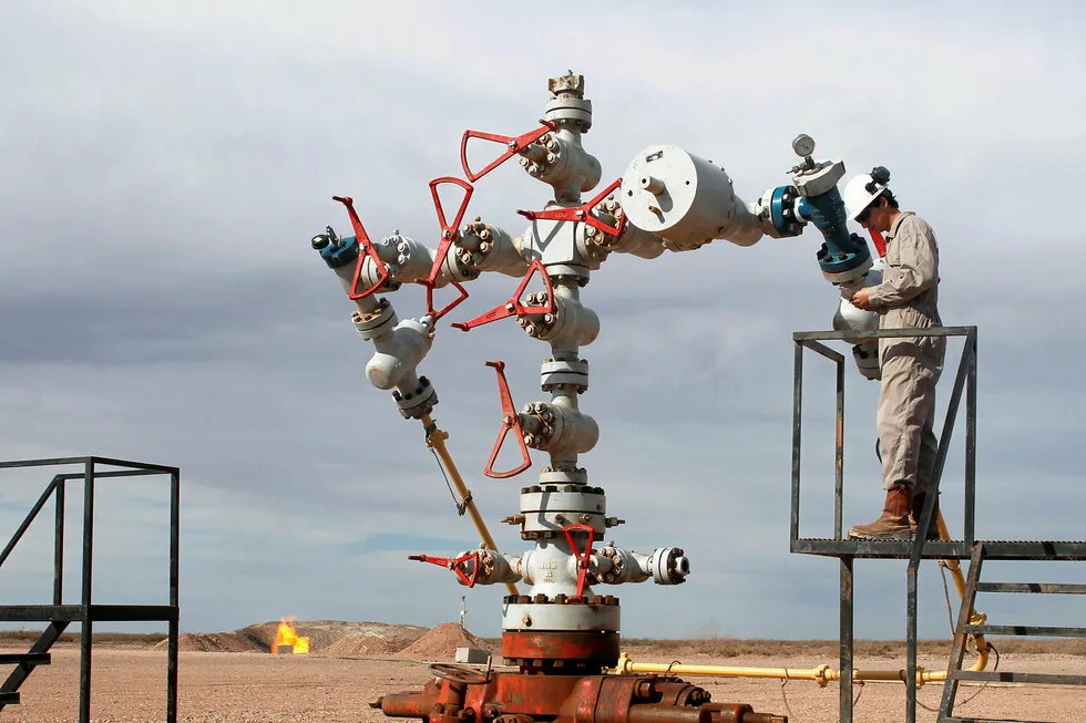 Stand and deliver: a worker measures the pressure and temperature of an oil and gas production tree at a Vaca Muerta shale drilling site