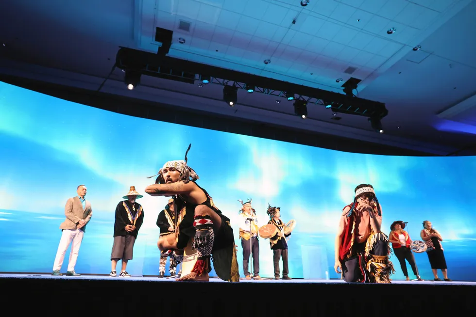 First Nations dancers perform at the opening ceremony of LNG2023 in Vancouver, Canada.