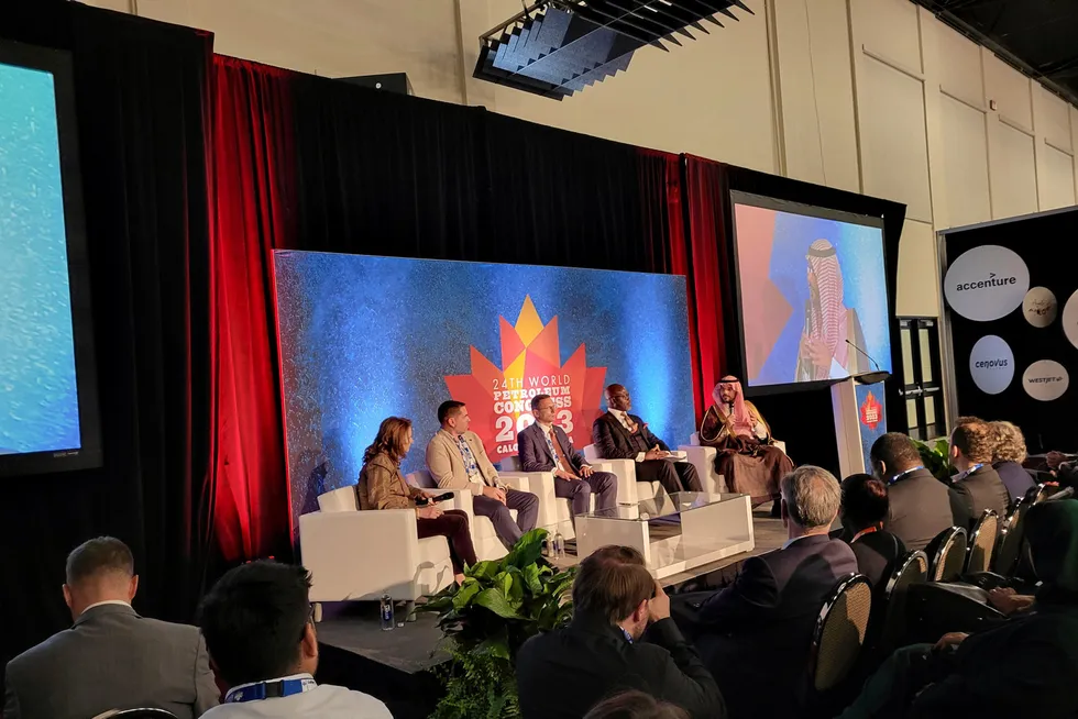 Refining targets: a panel discussion at WPC in Calgary. From right to left: Mohamed A Al-Brahim of Saudi Arabia, Anibor Kragha, of the African Refiners & Distributors Association (ARDA), Gabriel Szabo, of MOL, Juan Abascal of Repsol, and moderator Amy Chronis, Deloitte.