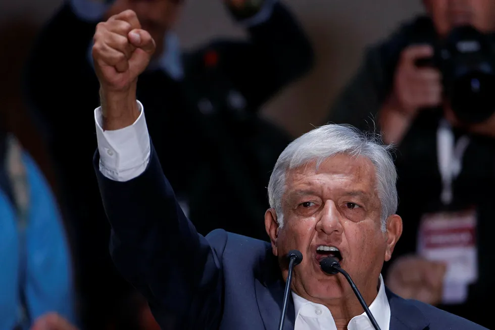 Presidential win: Andres Manuel Lopez Obrador delivers his victory speech in Mexico City's main square, the Zocalo, late Sunday, July 1, 2018.