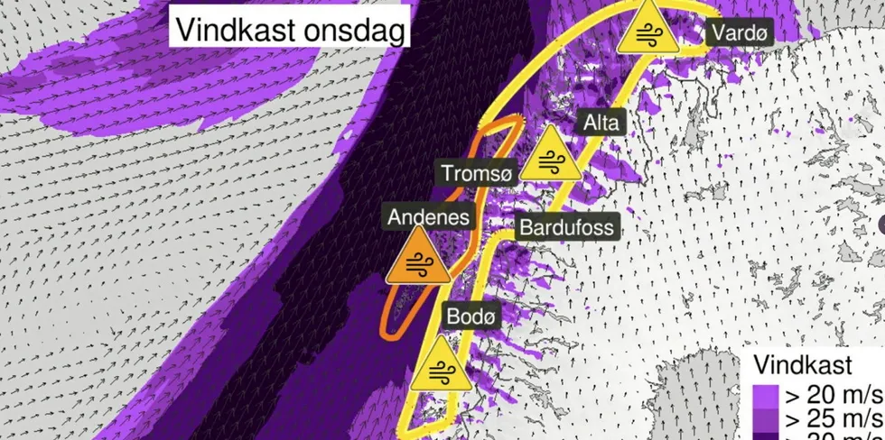 Svært kraftige og kraftige vindkast (32 til 42 m/s) er observert i Lofoten, Vesterålen og deler av Troms i dag.