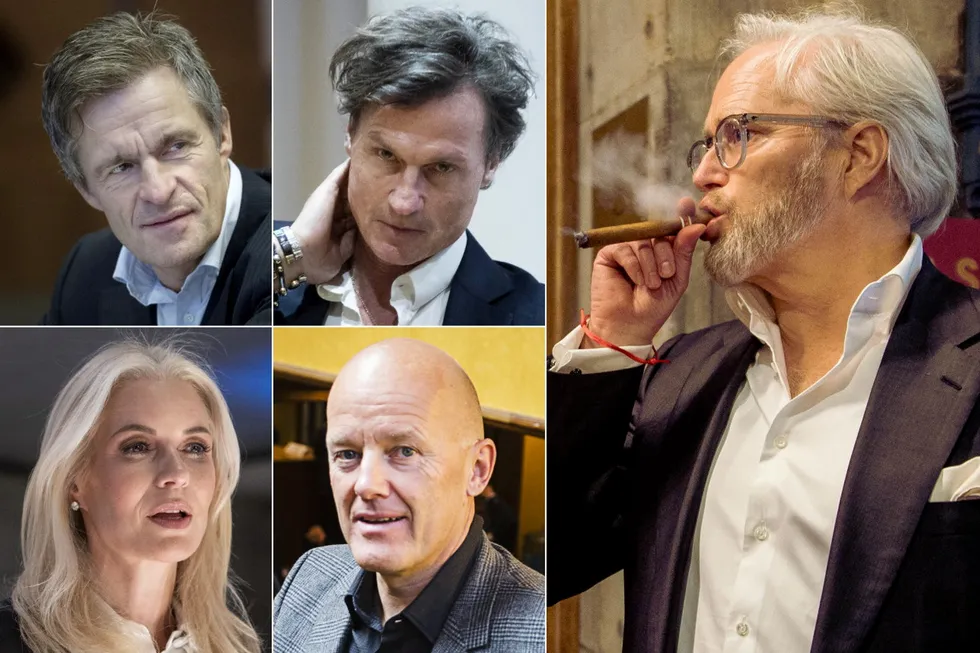 Foreløpig har kjendisinvestorenes riggsatsing gitt et stort papirtap. Fra øverst til venstre og med klokken: Jan Haudemann-Andersen, Petter Stordalen, Harald Moræus-Hanssen, Gunnar Hvammen og Celina Midelfart.