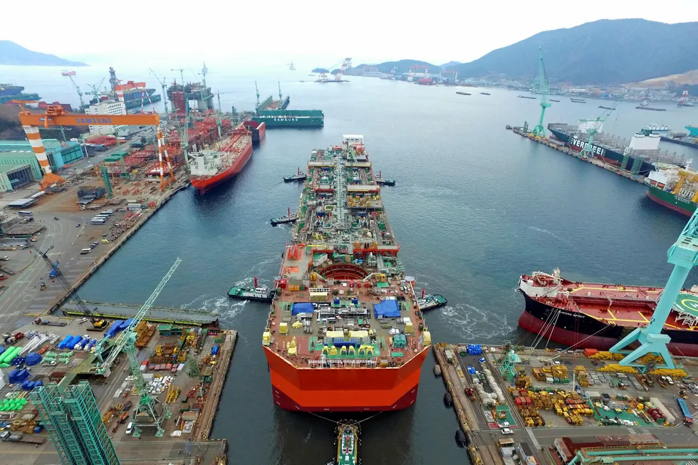 Launch: the Coral Sul FLNG vessel hull hit the water in January at Samsung Heavy Industries’ yard in Geoje, South Korea