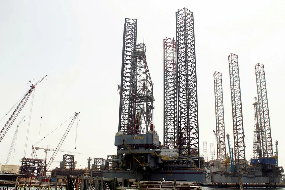 Jack-up rigs - including the Ensco 140 - at Lamprell's Hamriyah yard in UAE in 2016