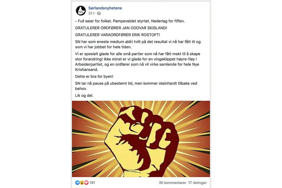 «Full seier for folket. Pampeveldet styrtet. Nederlag for fiffen», var den siste meldingen som ble publisert på Sørlandsnyhetenes facebookside før den ble fjernet.