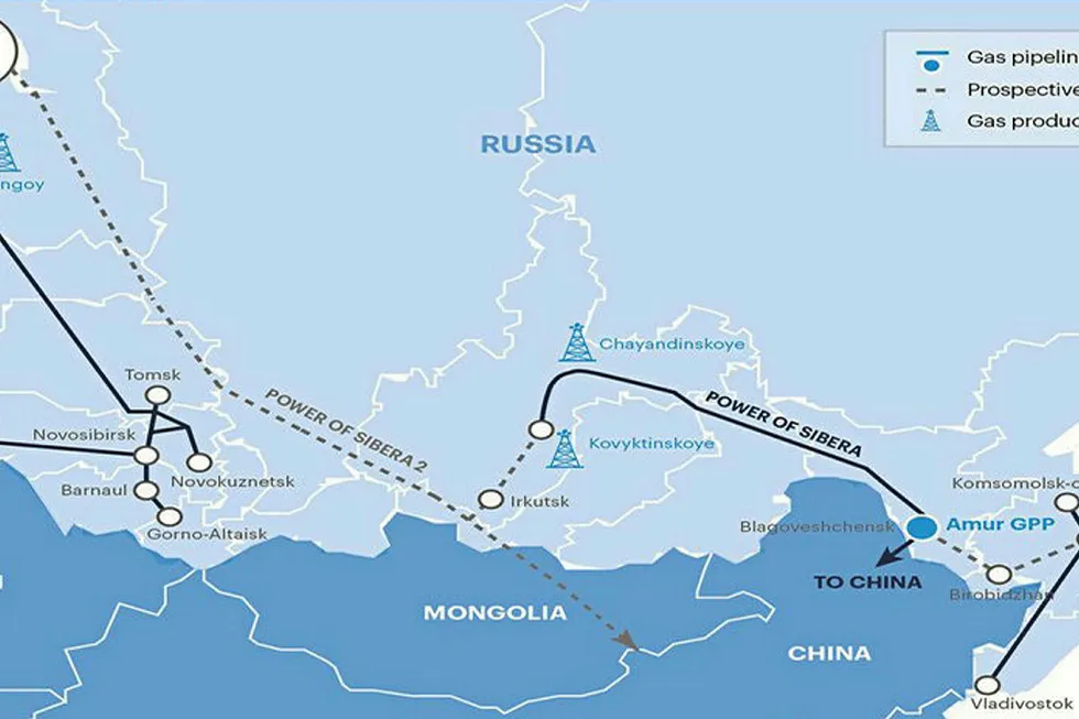 Long-term plan: a Gazprom's graphic revealing an expected route for a new gas export pipeline Power of Siberia (Sila Sibiri) 2 across Mongolia to China