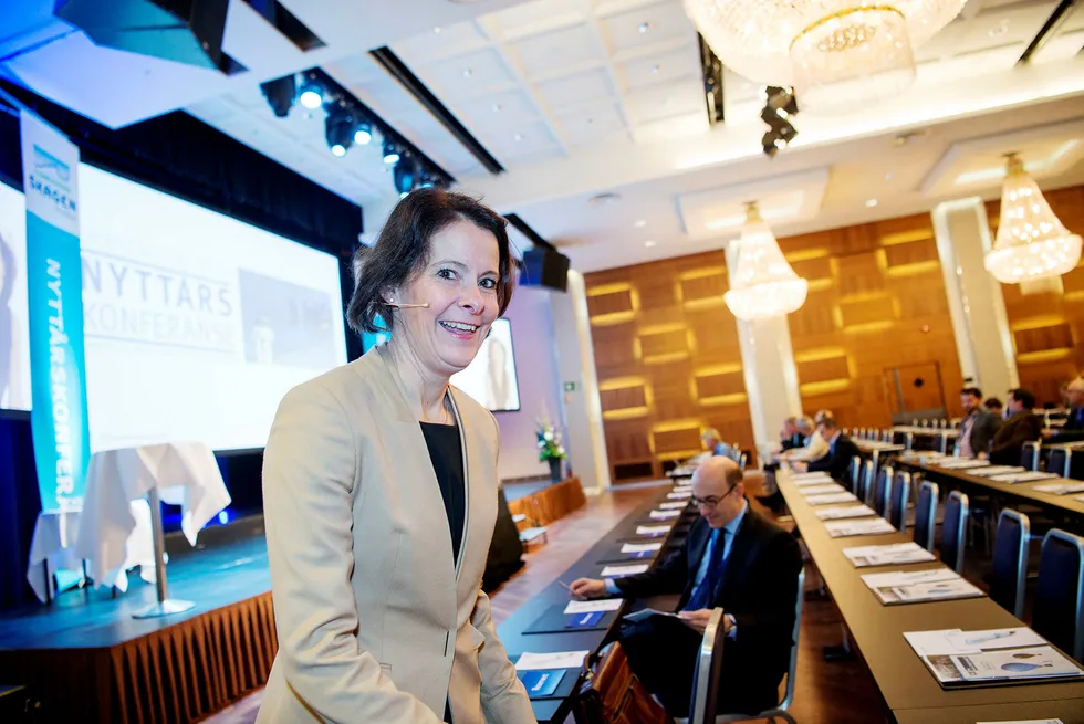 Investeringsdirektør Alexandra Morris holder åpningsforedraget på Skagenfondenes nyttårskonferanse. Foto: Mikaela Berg