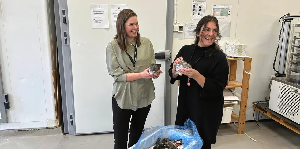 Forskerne Tone Aspevik og Aikaterina Kousoulaki viser frem avskjær fra laks som brukes i produktet de har utviklet.