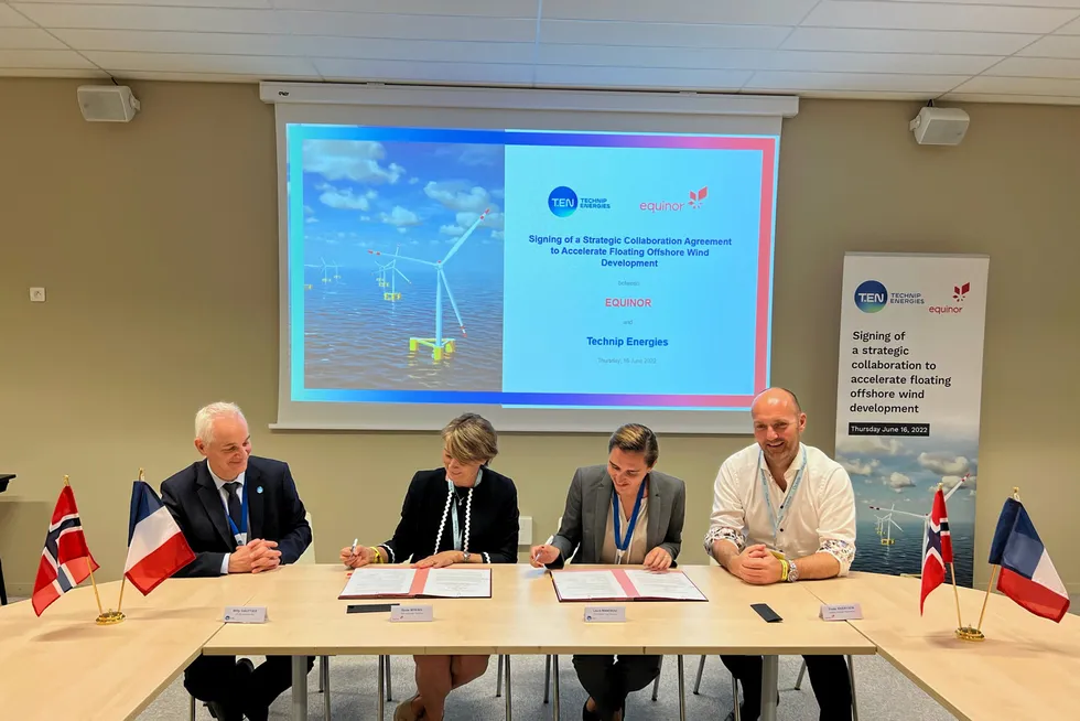 Normandy signing: (left to right) Willy Gauttier, vice president of offshore floating wind at Technip Energies; Beate Myking, head of renewables solutions at Equinor; Laure Mandrou, boss of carbon-free solutions at Technip Energies; and Frode Sivertsen, Equinor's supply chain manager