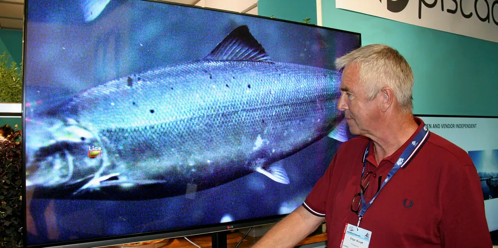 Edgar Wisløff i Panoptes med bilder frå selskapets lusekamera som dei viste fram under årets Aqua Nor.