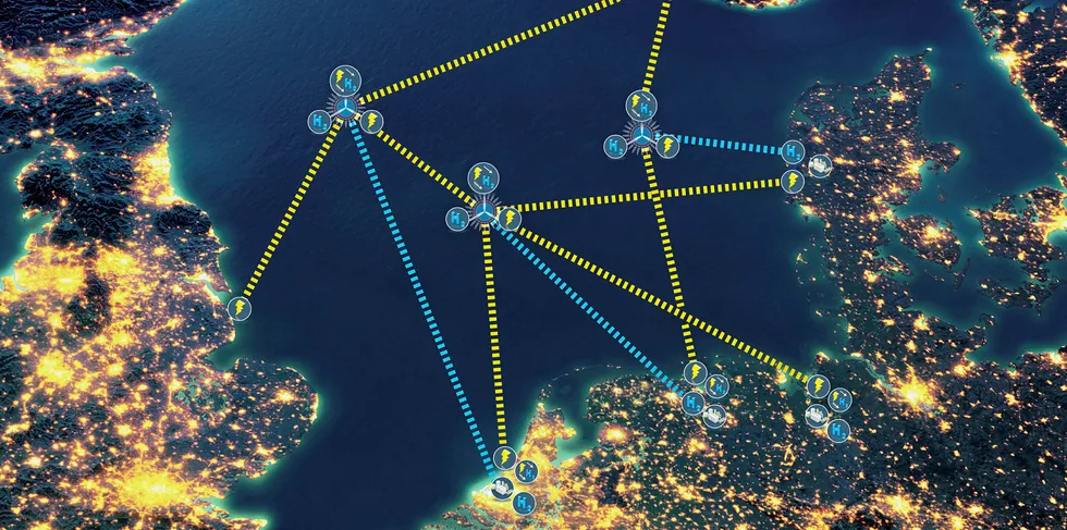 Illustrative diagram of what a hub-and-spoke network with interconnection and green-hydrogen production in the North Sea might look like.