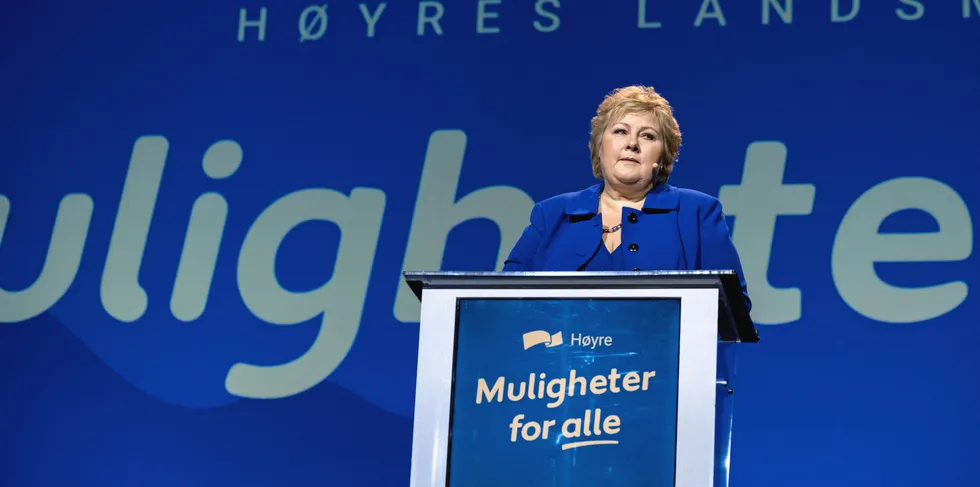 Erna Solberg under Høyres landsmøte 2023.