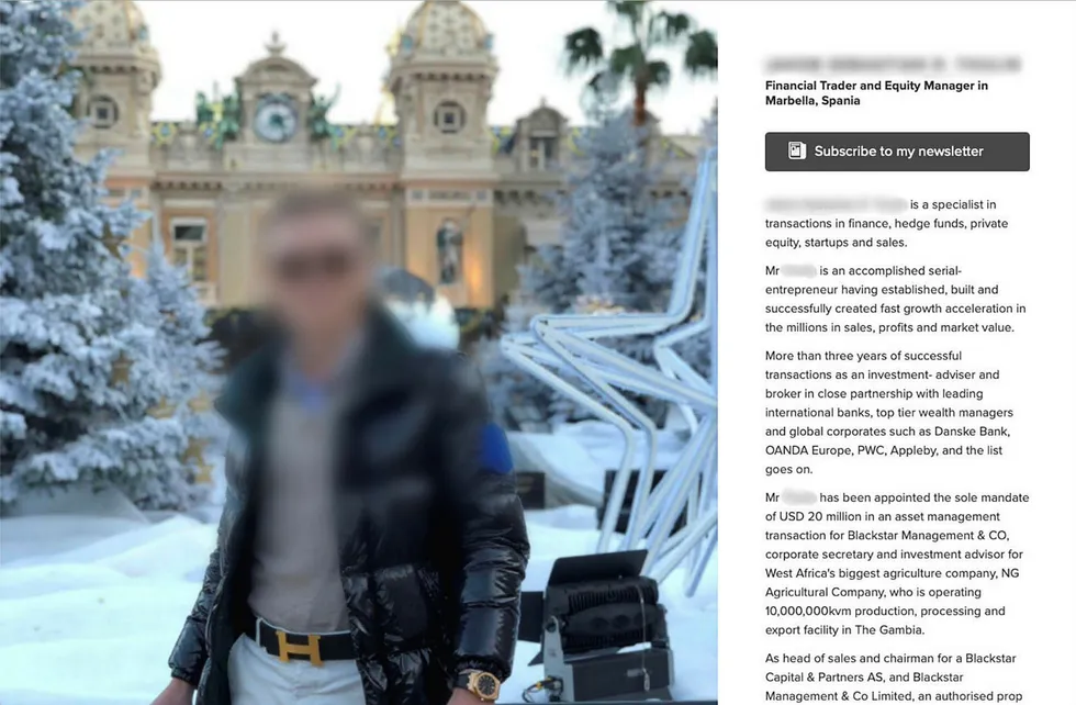 Finanstrader og kapitalforvalter i Marbella, Spania – slik fremstiller 19-åringen seg på sin egen nettside. Den ble lagt frem som bevis under erstatningssaken i Fredrikstad tingrett i april.