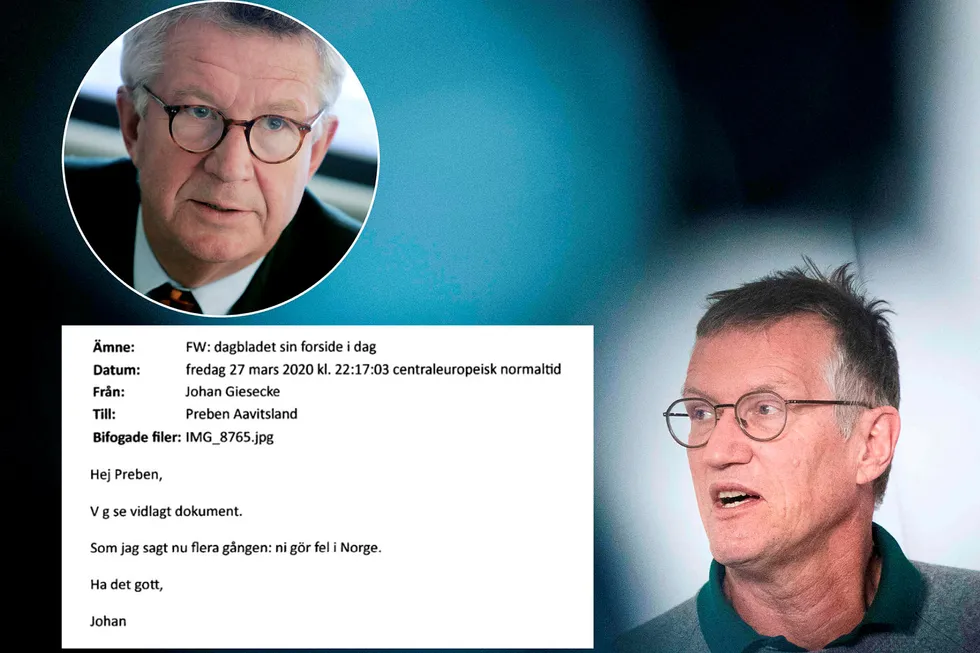 Ved flere anledninger har Johan Giesecke (til venstre) omtalt statsepidemiolog Anders Tegnell og generaldirektør Johan Carlson, begge ved den svenske Folkhälsomyndigheten (FHM), for «mina pojkar».