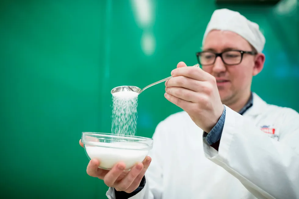 Produktutvikler i Tine, Stian Hollup Olsen jobber med å redusere sukkerinnholdet i Tines yoghurter uten at det går utover smaken. Foto: Fredrik Solstad