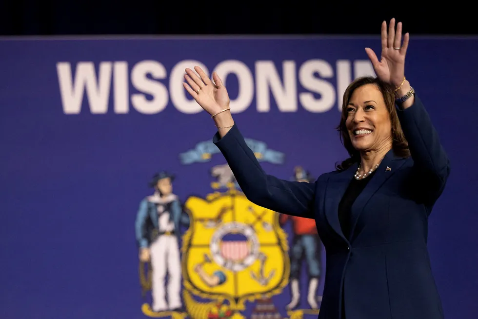 Visepresident og potensiell presidentkandidat Kamala Harris under sitt første valgkampmøte i Wisconsin tirsdag.