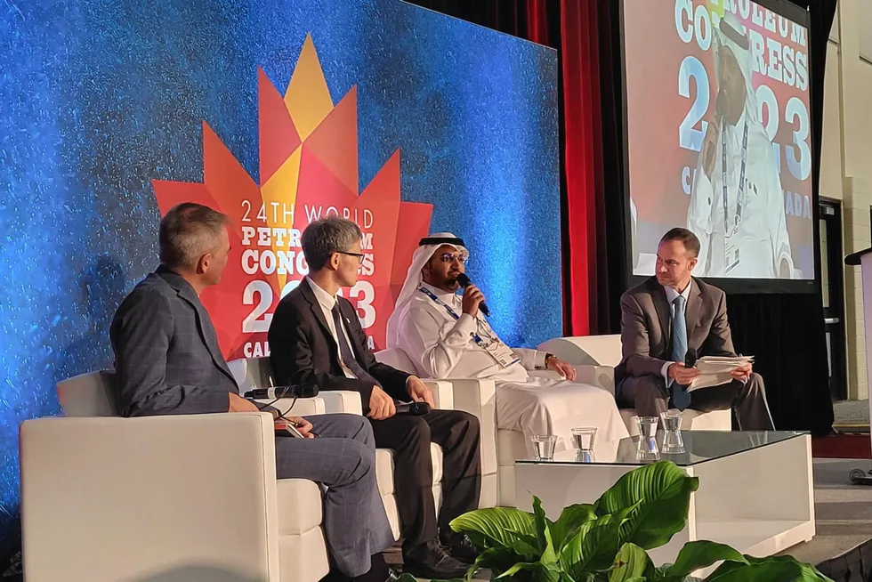 Rayad Alharbi, senior specialist at the Saudi Ministry of Energy, second from right, addressing a panel discussion at WPC in Calgary on Wednesday.