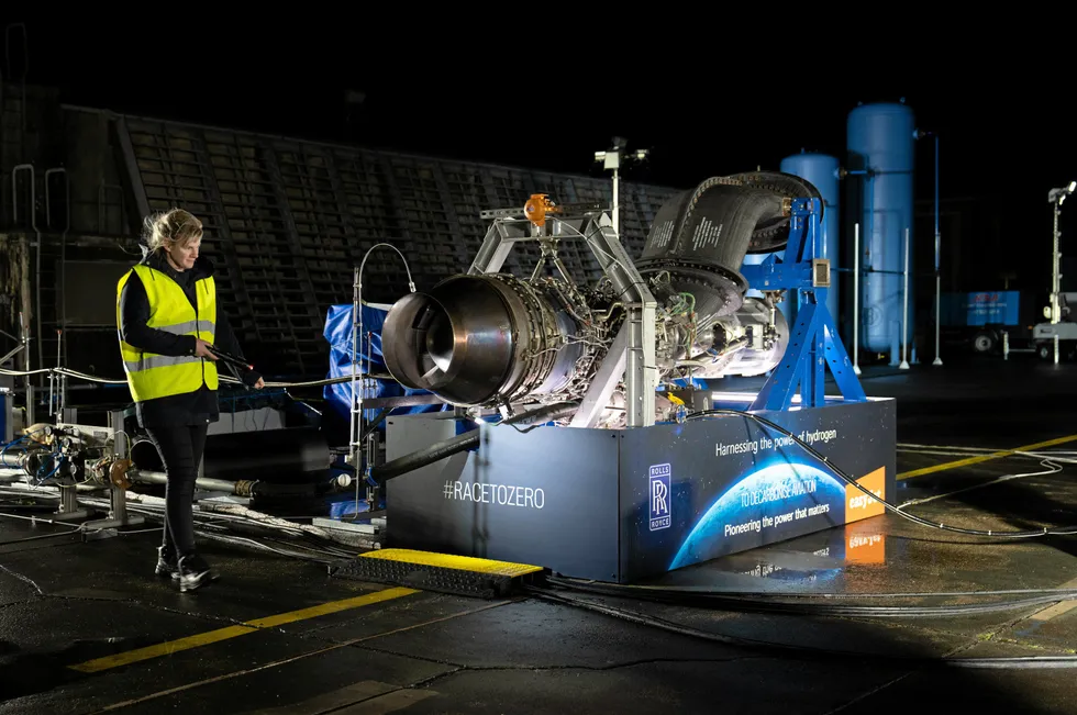 The Rolls-Royce turboprop engine undergoing testing at MoD Boscombe Down in southern England.