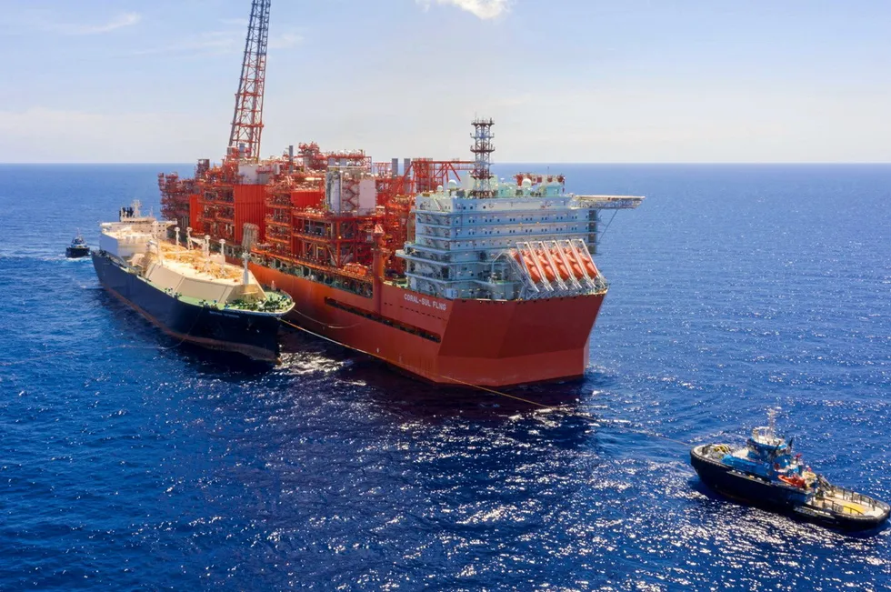 In operation: Eni’s Coral Sul FLNG offloads a cargo offshore Mozambique.