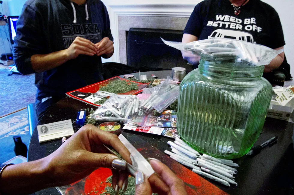 Medlemmer i DC Marijuana Coalition er igang med å rulle 4200 jointer som skal deles ut 20.januar. Foto: PAUL J. RICHARDS/AFP/NTB scanpix