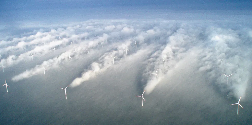 A light fog reveals the wake effect behind turbines at Vattenfall’s Horns Rev wind farm off Denmark.