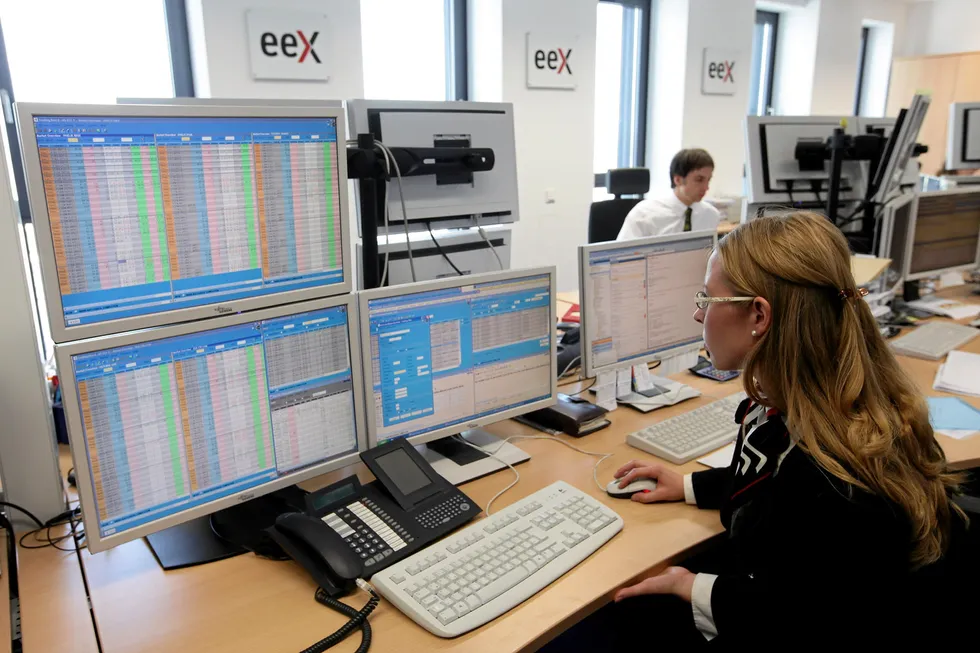 An employee monitors price developments the European Energy Exchange (EEX) in Leipzig, Germany.